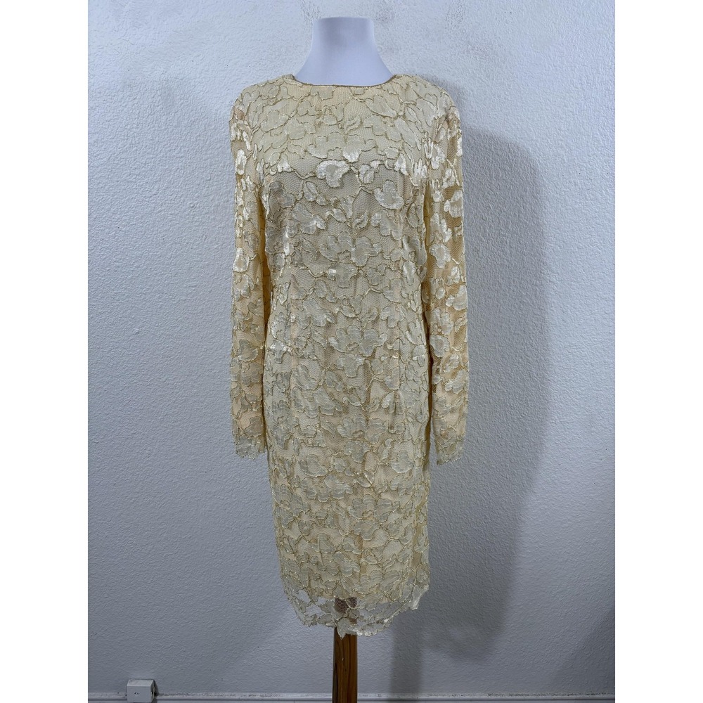 Vintage Shuet Young HW Collections Dress Womens Medium Yellow‎ Lace Keyhole 80s
